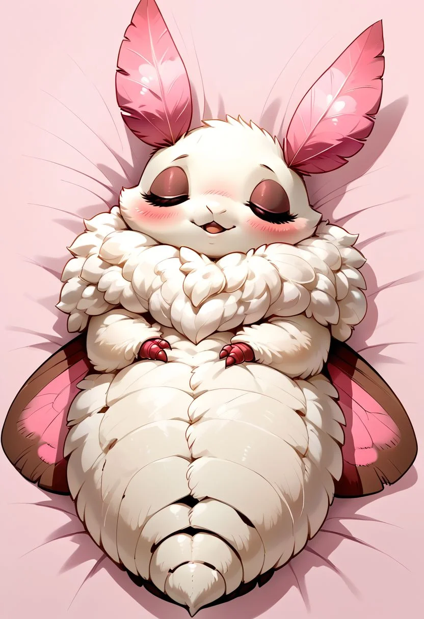 score_9, score_8_up, score_7_up, source_cartoon, solo, adorable Anthropomorphic Moth, sleeping on a leaf, sleeping, (tiny size, sleeping:1.2), blushing, moaning, (naked, white neck fuzz, female, closed moth eyes, moth head, arthropod abdomen, moth traits:1.1), simple pink background, (detailed image, high resolution, 5k resolution:1.0), Expressiveh, (las lindas art style:0.75)