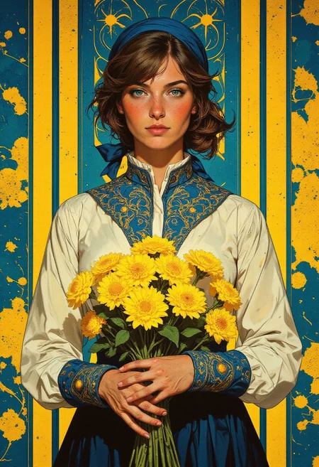 A detailed, realistic digital portrait of a young woman of Slavic or Eastern European descent, centrally positioned against a vibrant background of alternating yellow and blue vertical stripes. Her fair skin contrasts beautifully with her light brown hair, styled in soft bangs that frame her face. Her facial features are delicate yet striking, with high cheekbones, a small nose, and full lips that convey a serene expression. She wears a traditional Slavic costume, consisting of a white blouse adorned with intricate blue embroidery around the collar and cuffs, the designs rich in cultural symbolism. The blouse features a high collar and long, puffed sleeves, adding a sense of elegance and authenticity to her appearance. A blue headscarf sits delicately atop her hair, and a matching blue ribbon encircles her neck, complementing the colors of her outfit. In her hands, she gently holds a large bouquet of yellow flowers, each petal and stem carefully detailed, adding texture and depth to the composition. The background features abstract patterns in the same vibrant yellow and blue hues, enhancing the sense of cultural richness and tradition. The entire composition is balanced, with the woman’s graceful, serene expression and her elaborate attire coming together in a harmonious tribute to Slavic heritage and beauty.