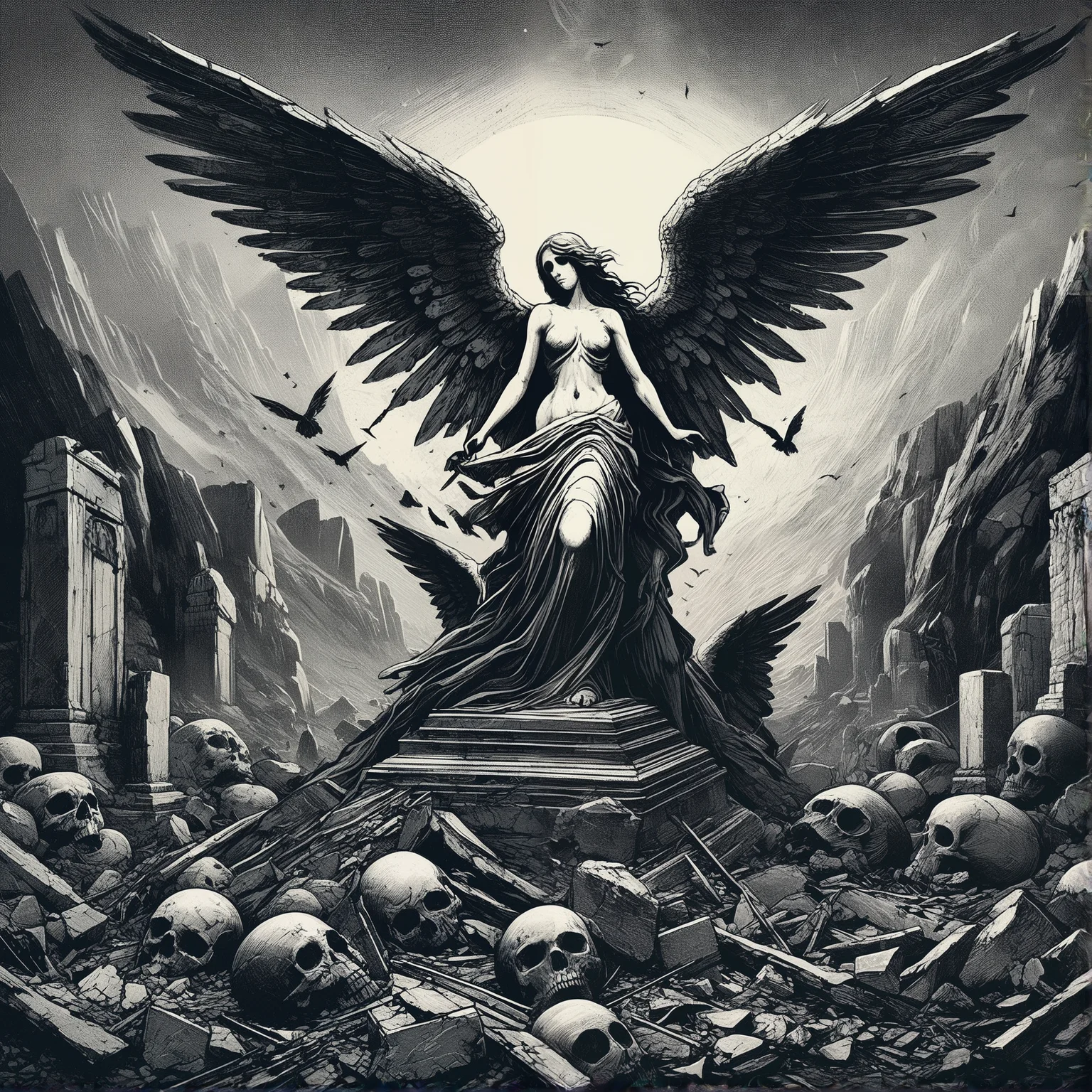 gothic, digital illustration, flat colors, line art, heavy film grain, fallen angel statue, woman, pretty, large bare breasts, marble, broken wings, skeletons, ancient ruins, vast barren landscape, dark atmosphere, eerie