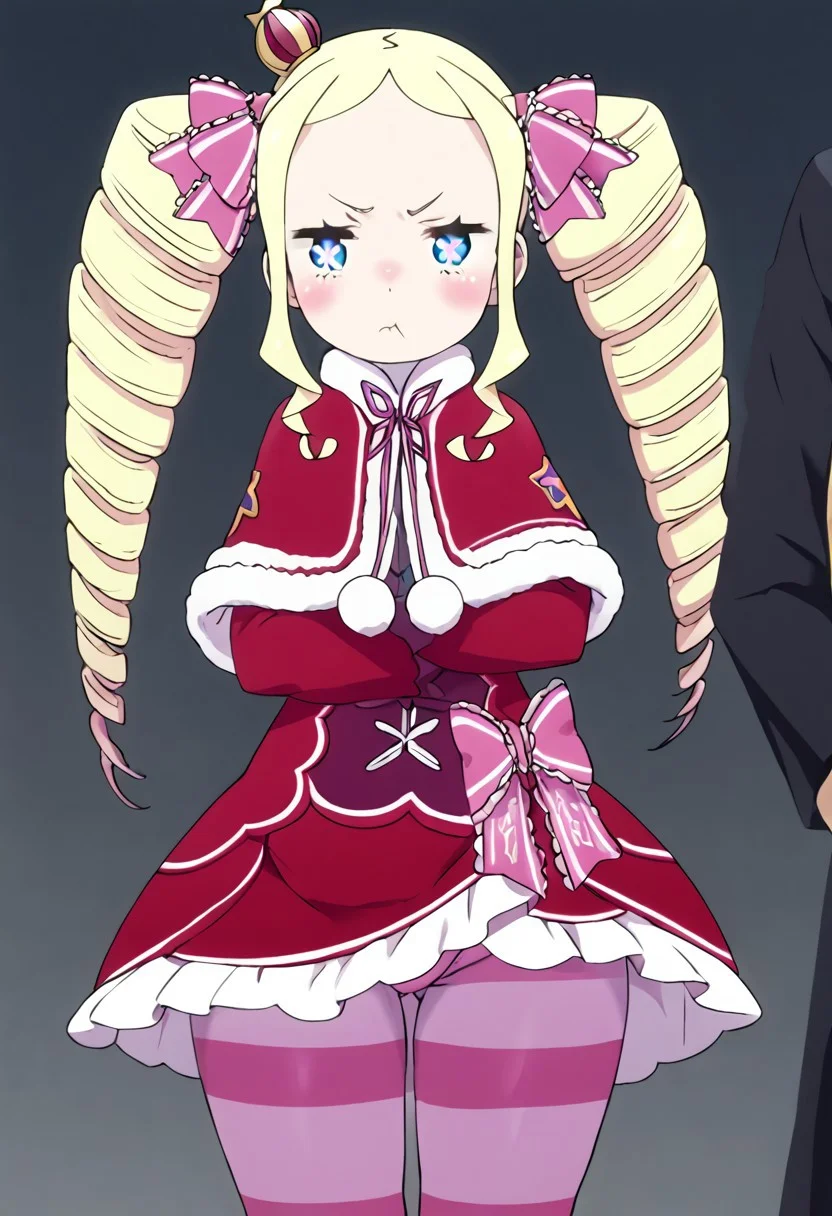 <lora:rezero-beatrice-s3-leak-ponyxl-lora-nochekaiser:1>, beatrice, long hair, blue eyes, blonde hair, twintails, hair ribbon, sidelocks, symbol-shaped pupils, drill hair, twin drills,dress, ribbon, fur trim, capelet, crown, mini crown, red capelet, frills, bowtie, angry, Embarrassed, blushing, pout, Arms crossed, Thick thighs, Striped tights, Small Woman, sole female, back view, ass, wide hips, pink panties, raised skirt, (showing ass), butt grab, thickass