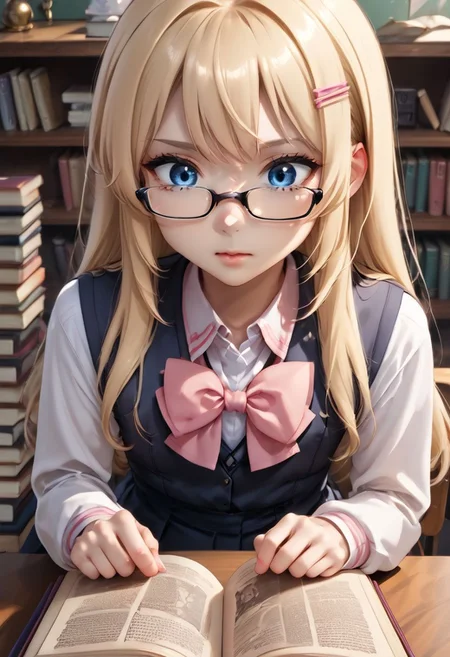 anime art. girl with blonde hair, blue eyes, glasses, flat chest, pink school uniform, reading book