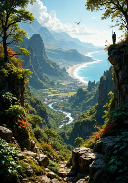 Panoramic aerial view, vibrant 8k masterpiece; intertwined lush forest, arid desert, rugged mountain range, sparkling coastal shore, meandering valley vista. Elaborate low-angle perspective, intimate close-up textures of mossy bark, sunlit foliage, weathered stone; dynamic eye-level tracking, fluid composition. Rich, vivid hues; intricate natural gradients; delicate, hyper-detailed patterns; sublime ambient light and dramatic shadows; pristine, layered visual textures; atmospheric brilliance, meticulous spatial composition. <lora:artisketchyfs-v02:0.5> <lora:ç»ªå¿ CG飿»¤éFLUX:0.6> <lora:MysticFantasy:0.4> <lora:flux_dev:1>