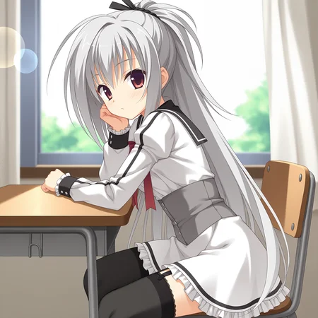 <lora:Elina_Olegovna_Oven_1_nai-000026:1>,Elina Olegovna Oven,
high ponytail,hair ribbon,black ribbon,school uniform,garter straps,black thighhighs,red bowtie,white skirt,frilled skirt,puffy long sleeves,white jacket,black sailor collar,grey corset,
BREAK
1girl,solo,looking at viewer,sitting,from side,arm support,on chair,desk,indoors,window,curtains,day,arm on table,depth of field,lens_flare,