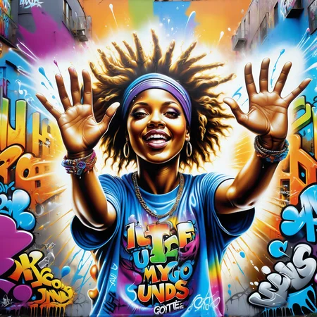 Jed-Gr4ff1t1, masterpiece, full of details, positive emotional, wallpaper enginge, <lora:GraffitiStyle-000003:0.7>, a graphite art of a woman, throws her hands up in the air , magical, glossy, luxury, magical atmosphere, exquisite color, dynamic dramatic atmosphere, sunny, aesthetic