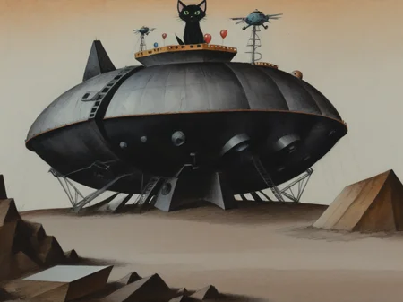 2d retro illustration, watercolor, pencil crayon, black cat and Dragon's Lair with crashed space ship and Helium-3 Mining Sites  
 simple face detail <lora:Fantastic_Planet_XL-01:1.0>
