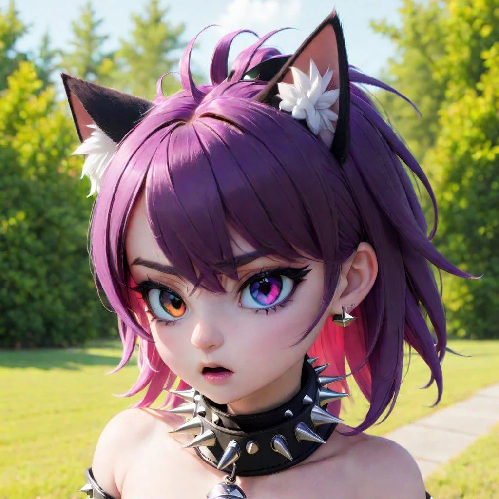 totless,1girl, outfit2, spiked collar , outdoor background, heterochromia