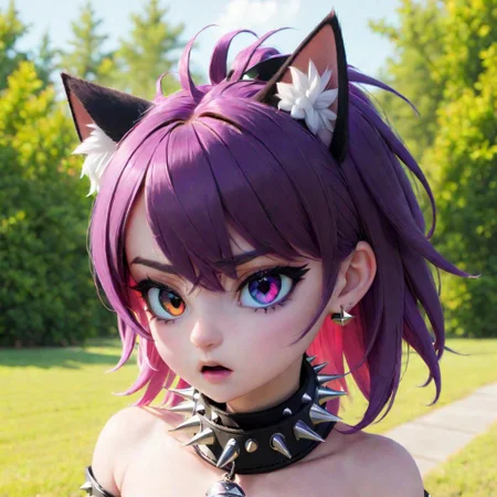 totless,1girl, outfit2, spiked collar , outdoor background, heterochromia