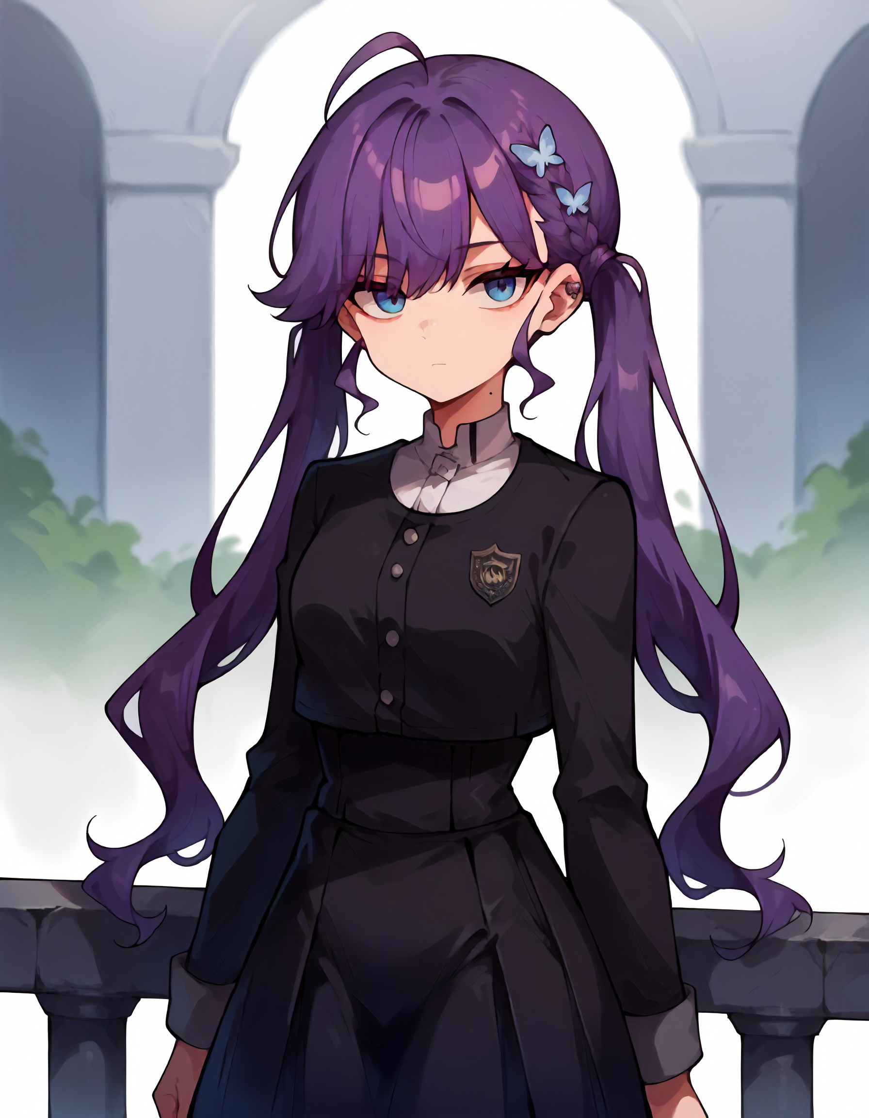 score_9,score_8_up,score_7_up,1girl,solo,cowboy shot,looking at viewer,expressionless,closed mouth,outdoors,
<lora:kayarinha_ponyXLV6:0.7>,gikr,
purple hair,ahoge,braid,twintails,blue eyes,
butterfly hair ornament,ear piercing,mole on neck,
collared shirt,black shirt,high-waist skirt,black skirt