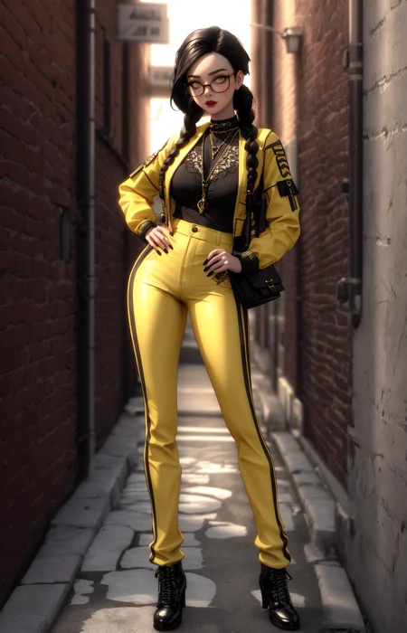 3D, highly detailed, girl, leaning against a wall, dynamic stance, yellow outfit, fashionable glasses, braided hair, detailed features, urban alley, soft and warm lighting, perfect body proportions, detailed hands, bright colors
 <lora:add_detail:0.4> <lora:backlight_slider_v10:-1.3> <lora:G_G2.0:0.5> Goth girl, Goth girl 1girl