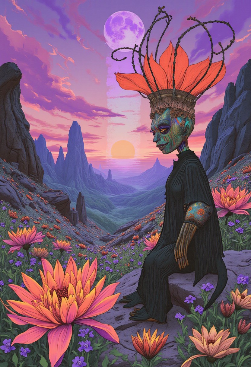 comic art by Mike Allred, 
A strange, dreamlike landscape where the ground is covered in oversized, luminous flowers and the sky shifts in colors from deep purples to soft pinks. In the distance, a group of figures in elaborate, surreal costumes and headdresses perform a ritual around a shimmering, translucent portal., 
in the style of decaying animatronic, claymation, VHS screen grab, grainy, old footage, in the style of an old 80's VHS dark fantasy, VHS screen grab, grainy, old footage
art by torikun, SentinelBot, OBxiaoxiang
