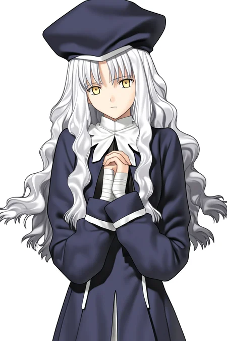 fatesnha, oekaki, 1girl, solo, long hair, looking at viewer, long sleeves, dress, hat, yellow eyes, white hair, wavy hair, bandages, transparent background, own hands together, bandaged arm, caren hortensia, 
(masterpiece, best quality, absurdres, highres, newest, very awa:1.2), 