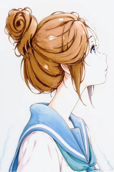 masterpiece, best quality, amazing quality,
 <lora:Bbmasa_IL:1> bbmasa, 1girl, kitauji high school uniform, solo, school uniform, sailor collar, serafuku, traditional media, blue sailor collar, simple background, blue eyes, closed mouth, shirt, brown hair, looking up, single hair bun, sketch, colored pencil (medium), watercolor (medium), painting (medium), detailed hair, large hair strands