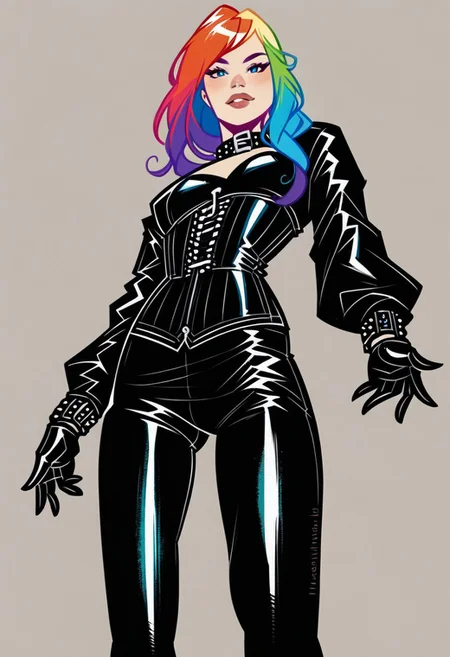 score_9, score_8_up, score_7_up, dutch_angle, from_below, footwear_focus, simple_background.
BREAK
A beautiful petite woman in her 20s with a rainbow hair in black leather bodysuit, long sleeves, {cowboy shot, head turned, looking at viewer}, {hair flowing, head tilted}, black rubber gloves, corset, HW_Corset, collar, tight black latex pants, belts, slim body, posing in a rainy street