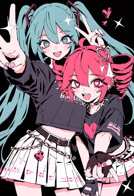 masterpiece, absurdres, newest, very awa, limited palette, pink theme, 2girls, hatsune miku, kasane teto, idol, fingerless gloves, twintails, black shirt, pleated skirt, long sleeves, ear chain, belt chain, pink nail polish, :D, reaching towards viewer, v, sparkle,heart, heart-shaped pupils, black background, <lora:spo_sdxl_10ep_4k-data_lora_webui>, <lora:TA_trained:0.35>, <lora:NOOB_EPSv1_1_detailer_by_vlnvk_v0_5>, <lora:Arkestar:0.9>