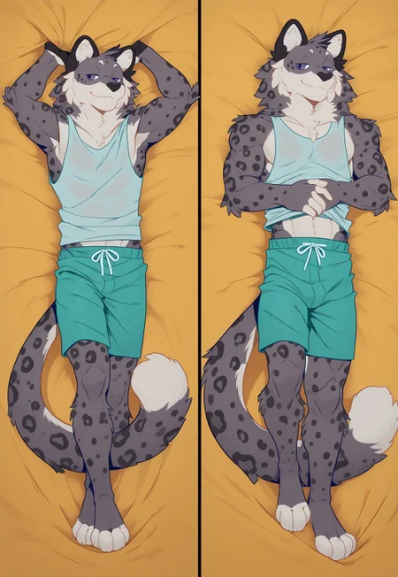 score_9_up, score_8_up, score_7_up, score_6_up, masterpiece, best quality, amazing quality, furry, dakimakura,2 shots in front and behind,full_body,1boy,solo,look at viewer, furry, Devlam in a tank top and shorts on first panel and in 
swimming trunks on the second panel, big muscles, big feline tail, fur