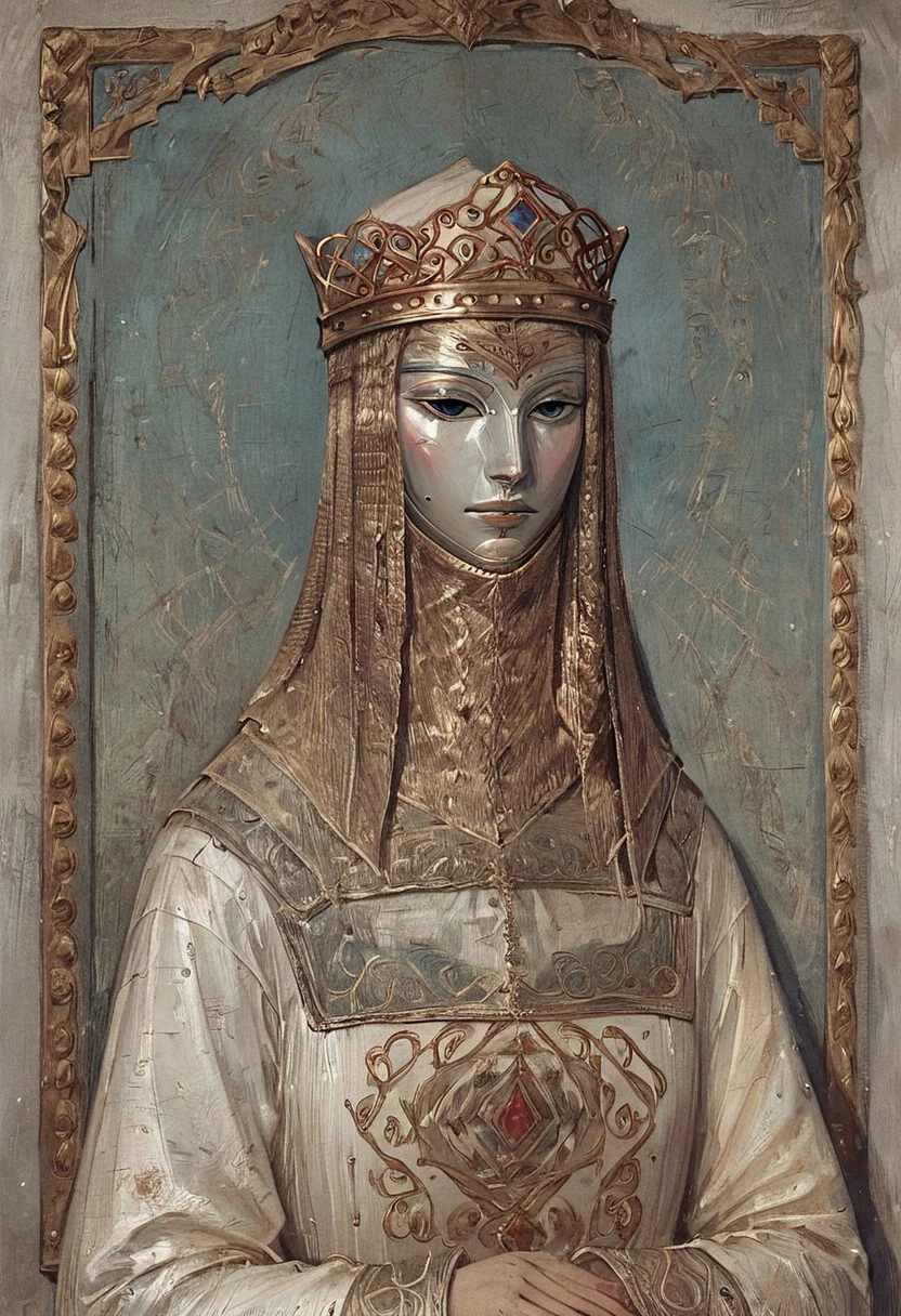 score_9, score_8_up, score_7_up, score_6_up, best quality, highly detailed, intricate details, extremely detailed, masterpiece, 
(solo), tanith, 1girl, white mask, crown, white robe, long sleeves, crest, portrait, painting, detailed background,