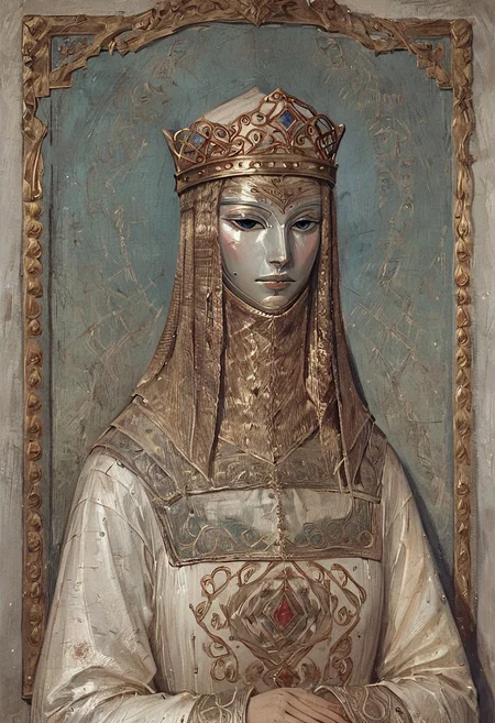 score_9, score_8_up, score_7_up, score_6_up, best quality, highly detailed, intricate details, extremely detailed, masterpiece,
(solo), tanith, 1girl, white mask, crown, white robe, long sleeves, crest, portrait, painting, detailed background,