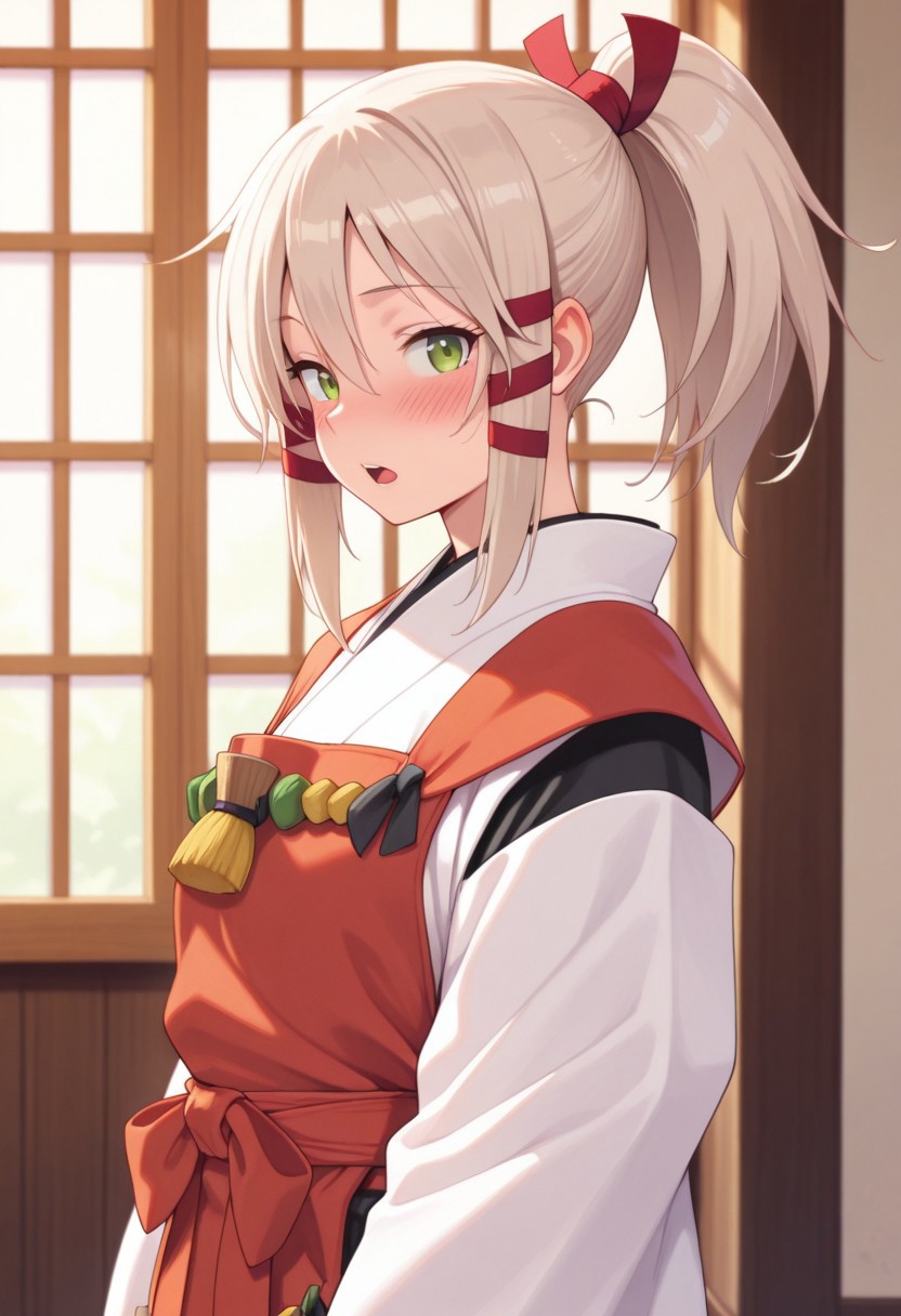 masterpiece,best quality,amazing quality, uka, light beige hair, green eyes, ponytail, long hair, 1girl, solo, blush, hair ribbon, ribbon, open mouth, japanese clothes