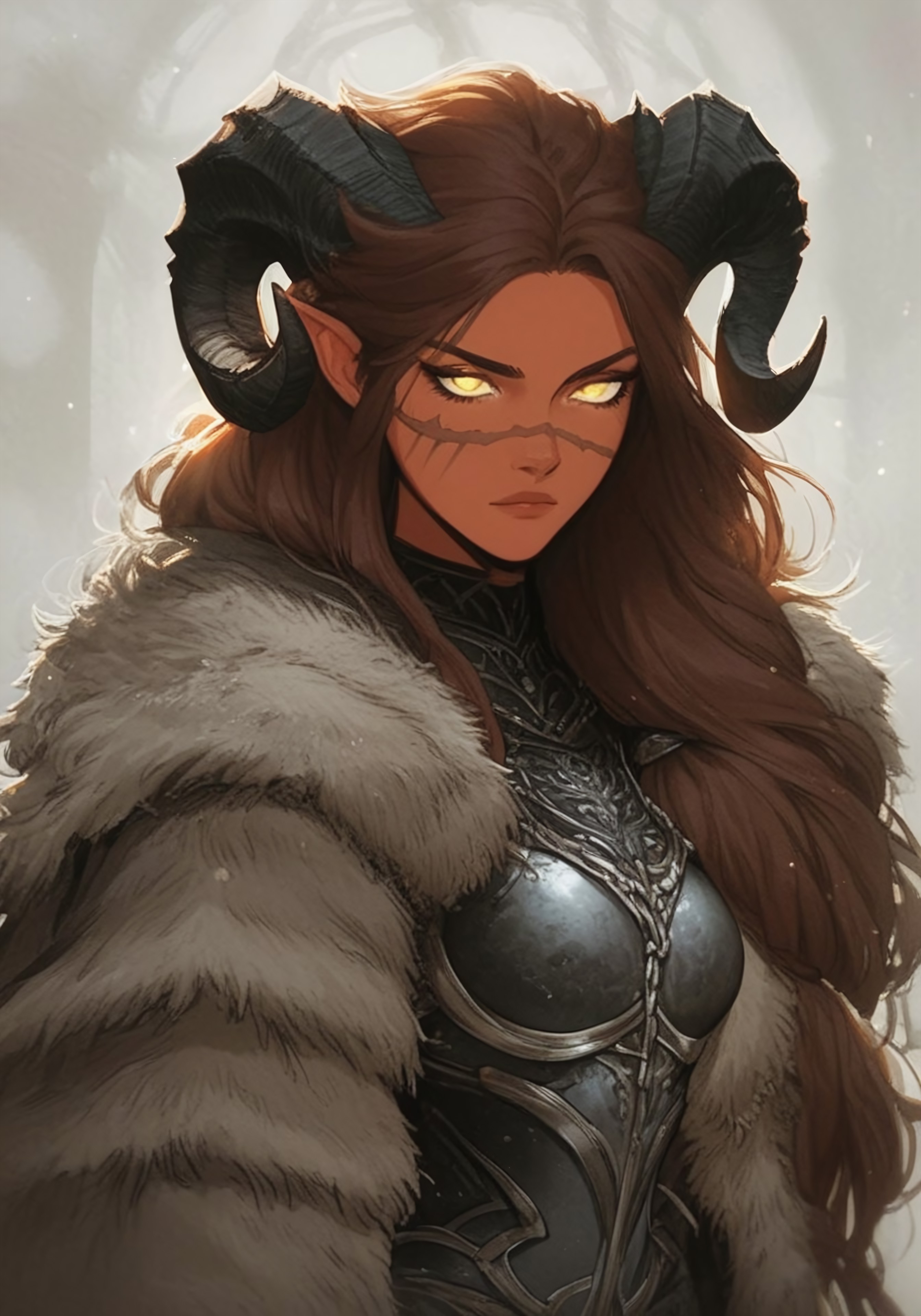 (score_9, score_8_up, score_7_up), source_anime, anime, red skin, shoulder length, long hair, scar on face, ((glowing yellow eyes)), black armor, ((brown fur cloak)), brown hair, girl, tiefling, ram horns, viking style