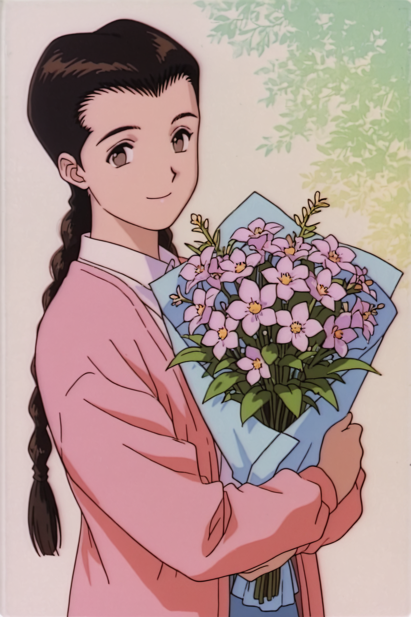 Noriko,1girl,solo,black hair,brown eyes,looking at viewer,smile,long hair,flower,twin braids,1990s \(style\),bouquet,
<lora:Golden Boy_illustriousXL:1>,