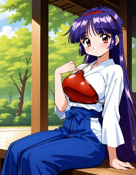 general,highres, ultra-detailed,very aesthetic,best quality ,best hands, BREAK <lora:Shiraishi_Yumiko_IS:1>ShiraishiYumiko, long hair, red eyes, red hairband, purple hair, large breasts, blunt bangs,
1girl, solo, japanese clothes, skirt, hakama, blue hair, red muneate, hakama skirt, blush, outdoors, looking at viewer, blue hakama