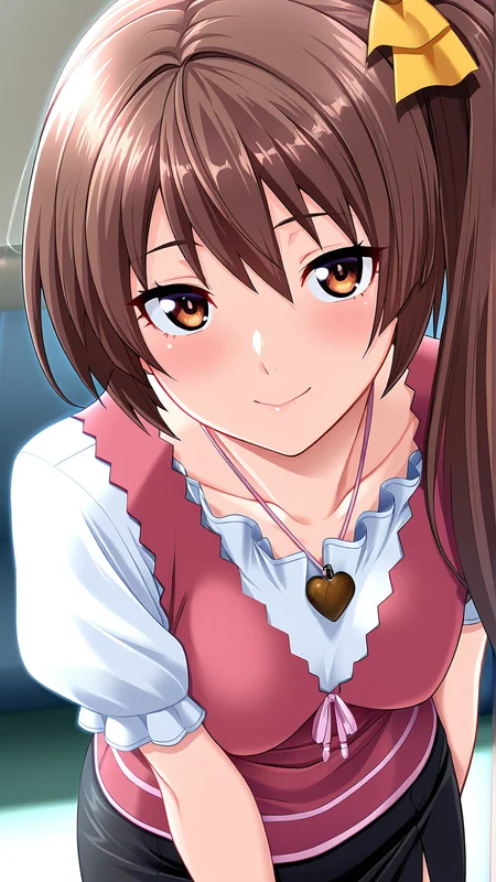 amazing quality,absurdres,best quality,masterpiece,highres,newest,detailed,detailed body,detailed face,masterpiece,best quality,solo,
彼女ãè¦èãã«æ¥ãªãçç±, 1girl, brown hair, long hair, side ponytail, black pencil miniskirt, white short-sleeved shirt, vest, jewelry, necklace, collarbone
,<lora:彼女ãè¦èãã«æ¥ãªãçç±:0.8>,