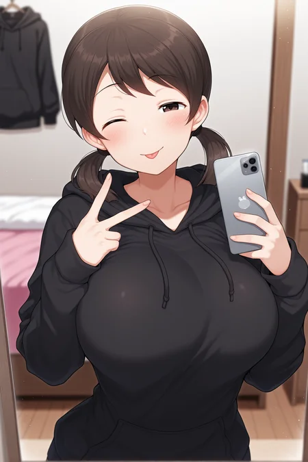 masterpiece,best quality,amazing quality,<lora:nao-illustXL-civit-000008:1> girlnao, low twintails, brown eyes, brown hair, large breasts, bedroom,mirror,depth of field,blurry background,light particles, solo,facing viewer,mirror_selfie,holding phone, v,black hoodie,looking at phone,seductive smile, one eye closed, tongue out