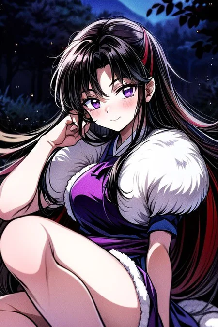 masterpiece, best quality 1girl Setsun4 solo long hair, (night time) forest background black hair very long hair purple eyes multicolored hair armor (fur trim) (medium body),<lora:EMS-179-EMS:0.800000>,<lora:EMS-293862-EMS:0.800000> bow, hair_bow, hair_tubes, red_bow, brown_hair, long_hair, bangs, ascot, frilled_bow, yellow_ascot, blush, smile, hair_between_eyes, athletic, armor, miko