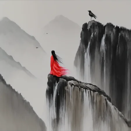 <lora:ink_xiakexing_xl_v1:0.8>,tree,mountains,
ink painting,a painting of a person sitting on a cliff with a red coat on top of it and a black bird flying over the cliff,1girl,solo,long hair,black hair,sitting,very long hair,multicolored hair,water,from behind,bird,letterboxed,facing away,waterfall,