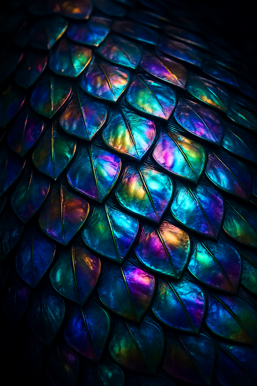 A hyper-detailed, ultra-realistic close-up of dragon scales arranged in a symmetrical, overlapping pattern. The scales are glossy, with a pearlescent rainbow sheen that reflects light in vibrant colors—blue, green, pink, purple, and gold. The texture is slightly raised and curved, with a natural, organic flow. The lighting is dramatic, emphasizing the reflective surfaces and giving the image depth and three-dimensionality. Background is dark to highlight the luminous effect of the scales. No text, no creatures—just the texture pattern.