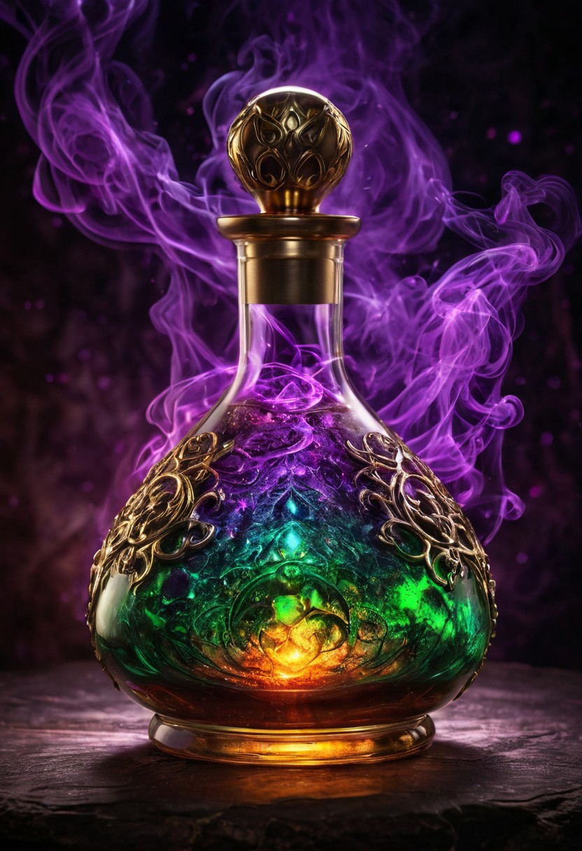 Score_9, Score_8, high_def, highest quality, 4k, best quality, masterpiece, focused, defined, Photorealistic magic potion, intricate glass bottle, elixir, vibrant purple and green colors, blazing with fiery intensity, ethereal light, wax seal, radiant golden highlights, magic lights, luminous, dynamic reflections, magical aura, highly detailed, fantasy essence, glowing ember-like particles, radiant aura, with streaks of molten orange and shimmering metallic accents, evoking a sense of epic power and grandeur