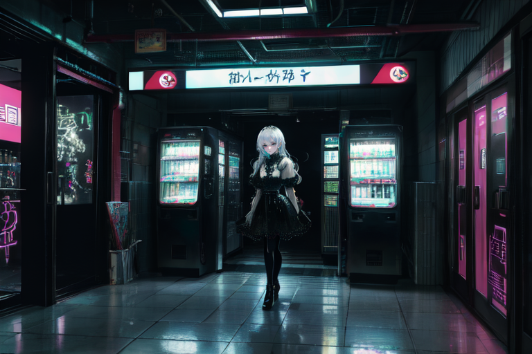 highly insanely detailed, masterpiece, top quality, best quality, highres, 4k, 8k, RAW photo, (very aesthetic, beautiful and aesthetic),  
(rsef style,fevercell style),abstract_background,futuristic_landscape,mystical_vibes,neon_lighting,chromatic_aberration,dynamic_composition,digital_aesthetics,vivid_colors,cybernetic_elements,psychedelic_art,motion_blur,overlapping_shapes,holographic_effects,glitch_effects, 
<lora:rsef-000225:0.7>, 
(1girl:1.3), 
1other, 
, 
, 
, 
(lace-trimmed bra,lace trim,lace bra,cupless_bra,shelf_bra), 
Subway station corridor,jpsta,train_station,on stairs,interior,indoors,UGPW,Subway_Corridor,underground shopping areas,briefcase,tiled_walls,ceiling,signboard,bilingual signs indicating directions,Vending_Machines,Drink_Vending_Machine,selling selling selling Ice_Cream_Vending_Machine and Ticket_Vending_Machine and Drink_Vending_Machine and Drink_Vending_Machine and Snack_Vending_Machine and Ice_Cream_Vending_Machine and Gacha_Machine,capsules and Hot_Food_Vending_Machine,tiled_floor,public_telephone, 
scenery,âââ