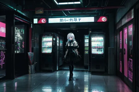 highly insanely detailed, masterpiece, top quality, best quality, highres, 4k, 8k, RAW photo, (very aesthetic, beautiful and aesthetic),  
(rsef style,fevercell style),abstract_background,futuristic_landscape,mystical_vibes,neon_lighting,chromatic_aberration,dynamic_composition,digital_aesthetics,vivid_colors,cybernetic_elements,psychedelic_art,motion_blur,overlapping_shapes,holographic_effects,glitch_effects, 
<lora:rsef-000225:0.7>, 
(1girl:1.3), 
1other, 
, 
, 
, 
(lace-trimmed bra,lace trim,lace bra,cupless_bra,shelf_bra), 
Subway station corridor,jpsta,train_station,on stairs,interior,indoors,UGPW,Subway_Corridor,underground shopping areas,briefcase,tiled_walls,ceiling,signboard,bilingual signs indicating directions,Vending_Machines,Drink_Vending_Machine,selling selling selling Ice_Cream_Vending_Machine and Ticket_Vending_Machine and Drink_Vending_Machine and Drink_Vending_Machine and Snack_Vending_Machine and Ice_Cream_Vending_Machine and Gacha_Machine,capsules and Hot_Food_Vending_Machine,tiled_floor,public_telephone, 
scenery,âââ