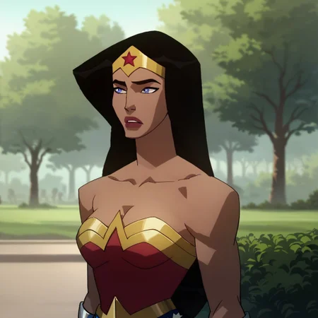 score_9, score_8_up, score_7_up, 1girl, solo, long hair, blue eyes, black hair, lipstick, cleavage, leotard, tiara, bracers, bare shoulders, Wonder Woman (2009), park background