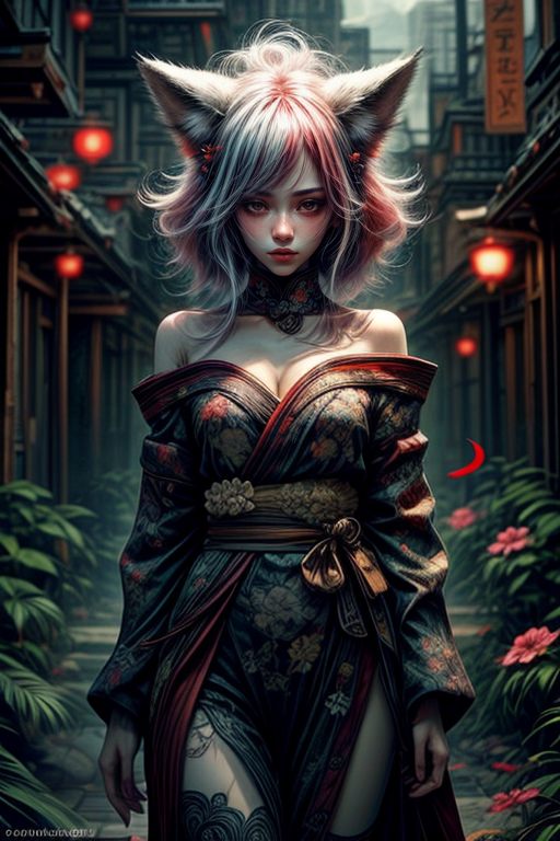 ethereal fantasy concept art of  at distance,cowboy shot,thigh gap,1girl,
<lora:Concept_-_Hella-sthetic_v2:0.7>,
<lora:wrenchsfantasy:0.3>,wrenchsfantasy,fantasy,glowing,glowing eyes,
<lora:Concept_-_More_Details_v1.0:1>,off shoulder,flower kimono,bamboo forest,
multicolored hair,white hair,red hair,red hair tips,red bang,fox ears,kyuubi,fox tail,japanese girl,, intricate, elegant, highly detailed, symmetry, magical atmosphere, sharp focus, majestic, very coherent, radiant, advanced, cinematic, artistic, fine detail, winning, beautiful, stunning, dramatic light, designed, rich deep colors, perfect professional background, ambient, tailored set composition  . magnificent, celestial, ethereal, painterly, epic, majestic, magical, fantasy art, cover art, dreamy