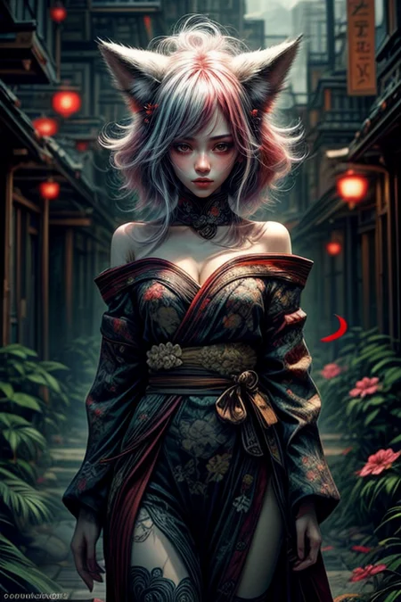 ethereal fantasy concept art of at distance,cowboy shot,thigh gap,1girl,
<lora:Concept_-_Hella-sthetic_v2:0.7>,
<lora:wrenchsfantasy:0.3>,wrenchsfantasy,fantasy,glowing,glowing eyes,
<lora:Concept_-_More_Details_v1.0:1>,off shoulder,flower kimono,bamboo forest,
multicolored hair,white hair,red hair,red hair tips,red bang,fox ears,kyuubi,fox tail,japanese girl,, intricate, elegant, highly detailed, symmetry, magical atmosphere, sharp focus, majestic, very coherent, radiant, advanced, cinematic, artistic, fine detail, winning, beautiful, stunning, dramatic light, designed, rich deep colors, perfect professional background, ambient, tailored set composition . magnificent, celestial, ethereal, painterly, epic, majestic, magical, fantasy art, cover art, dreamy