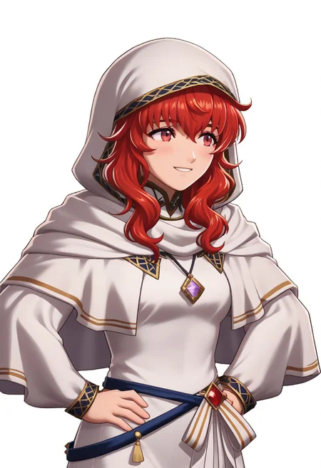 score_9, score_8_up, score_7_up, source_anime, 1girl, solo, blush, smile, hands on hips <lora:zs_FEWarriorsPortraitsXL:1> fewarriorsportraits, portrait, white background,   <lora:felena-pdxl-nvwls-v1-000004:1> feLena, red hair, long hair, red eyes, hood up, white robes, white capelet, long sleeves, pendant, long dress