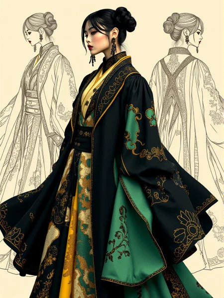 A minimalistic black-toned macro illustration depicting a (Taiwanese Victorian lady:1.1) modelling a punk royal robes that utilises calico and crimplene material. The clothing billows around the person and is decorated with intricate black and green ebru designs. The overall feel of the image is dynamic and eldritch. Additionally, the backdrop shows comcept drawings of the clothing, rendered in fine flowing lines and appliqued bronzeleaf. The general effect is of timeless fine art elegance. <lora:midjourney_whisper_avant_couture_v01:1>