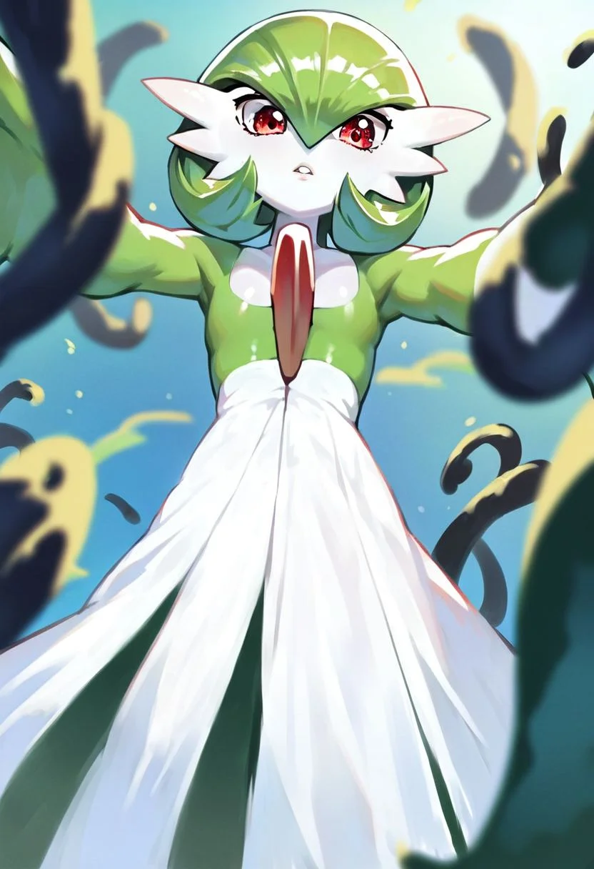 score_9_up, score_8_up, score_7_up, Score_6_up, Score_5_up, Score_4_up, source_anime, (masterpiece, perfectly detailed, detailed face, detailed eyes, beautiful eyes), (ultra HD quality details), 8K, extremely detailed, Mevak_PS, gardevoir, red eyes, pokemon (creature), green skin, looking down, green hair, tentacles, from below, short hair, looking at viewer, two-tone skin, 1girl, bangs, parted lips, blurry, bob cut, hair between eyes, outstretched arms