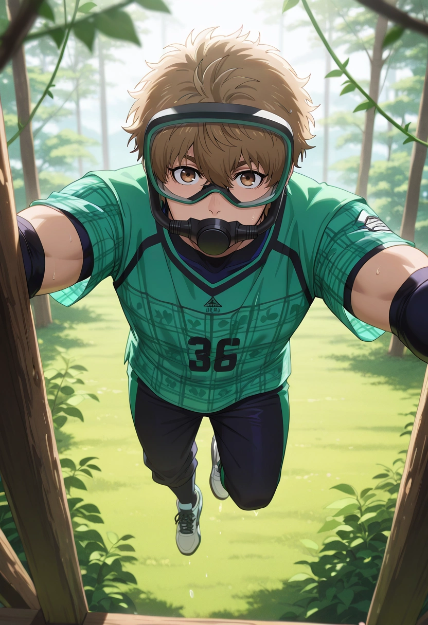 masterpiece, best quality, , (realistic:0.6), looking at viewer, 1boy, solo, male focus, <lora:asahi_naruhaya_ilxl:0.92>, asahi_naruhaya, brown hair, brown eyes, short hair, hair between eyes, bangs, sportswear, jungle canopy, tree platforms, vine bridges, bird nests, climbing pose, adventurous expression, morning, Plaid Dark green Damask Dressy joggers, Floral Aqua Silk Chambray shirt, Sneakers, , Diving Mask