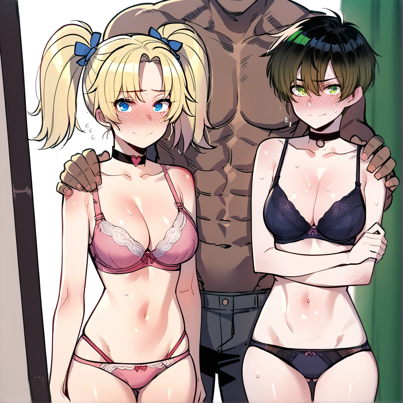 score_9, score_8_up, score_7_up, source_cartoon, BREAK  2girls, 1boy, (Bubbles (Powerpuff girls), blonde hair, pigtails, blue eyes),  (Buttercup (Powerpuff girls), black hair, short hair, green eyes), looking at viewer, breasts, cleavage, cowboy shot, choker, smile, blush, bare shoulders, bare arms, bra, panties, underwear, bedroom, navel, collarbone, <lora:Adult_Powerpuff_Girls:0.8>, hetero, <lora:Ratatatat74_Style_v2:0.8>, faceless male, muscular male, hand on another's shoulder, sweat, embarrassed, netorare, cheating (relationship), dark-skinned male, male eyes out of frame, male centre of image, rating_questionable