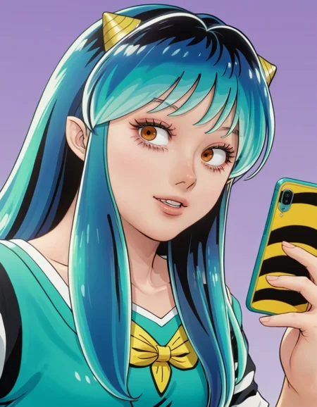 (medium full shot) detailed (semi-realistic art) of lum taking a selfie <lora:lum:0.98>
