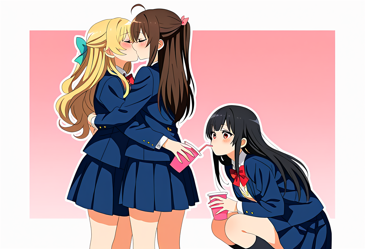 masterpiece, best quality, absurdres, otp_and_the_third_wheel_best_friend_(meme), blush, 3girls, school uniform, closed eyes, yuri, hug, kiss, holding cup, drinking straw, drink, standing, squatting, 
<lora:otp_and_the_third_wheel_best_friend_meme-000009:1>