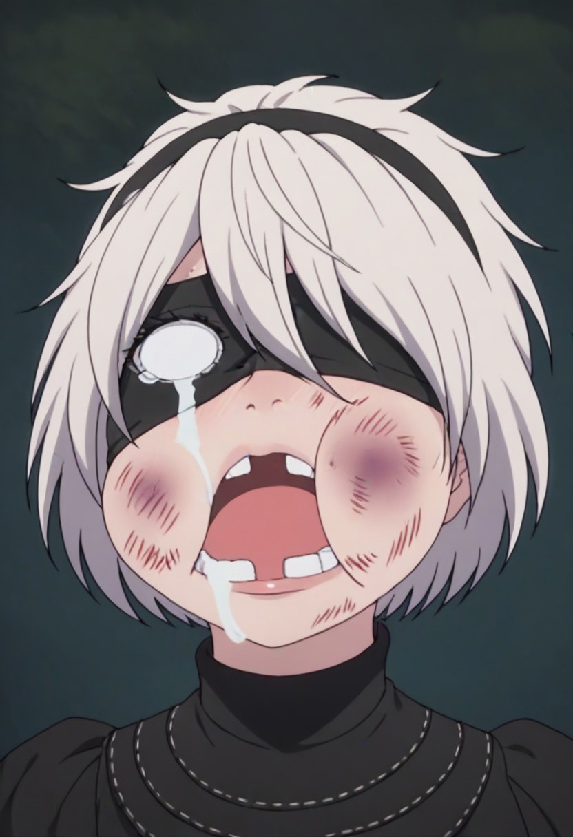 score_9, score_8_up, score_7_up, score_6_up, score_5_up, score_4_up, yorha 2B, blindfold, <lora:beat_up_face:0.8>, 1girl, solo, alone, blank eyes, tears, circular eyes,  bruise, swollen cheeks, open mouth, missing tooth, masterpiece, highres