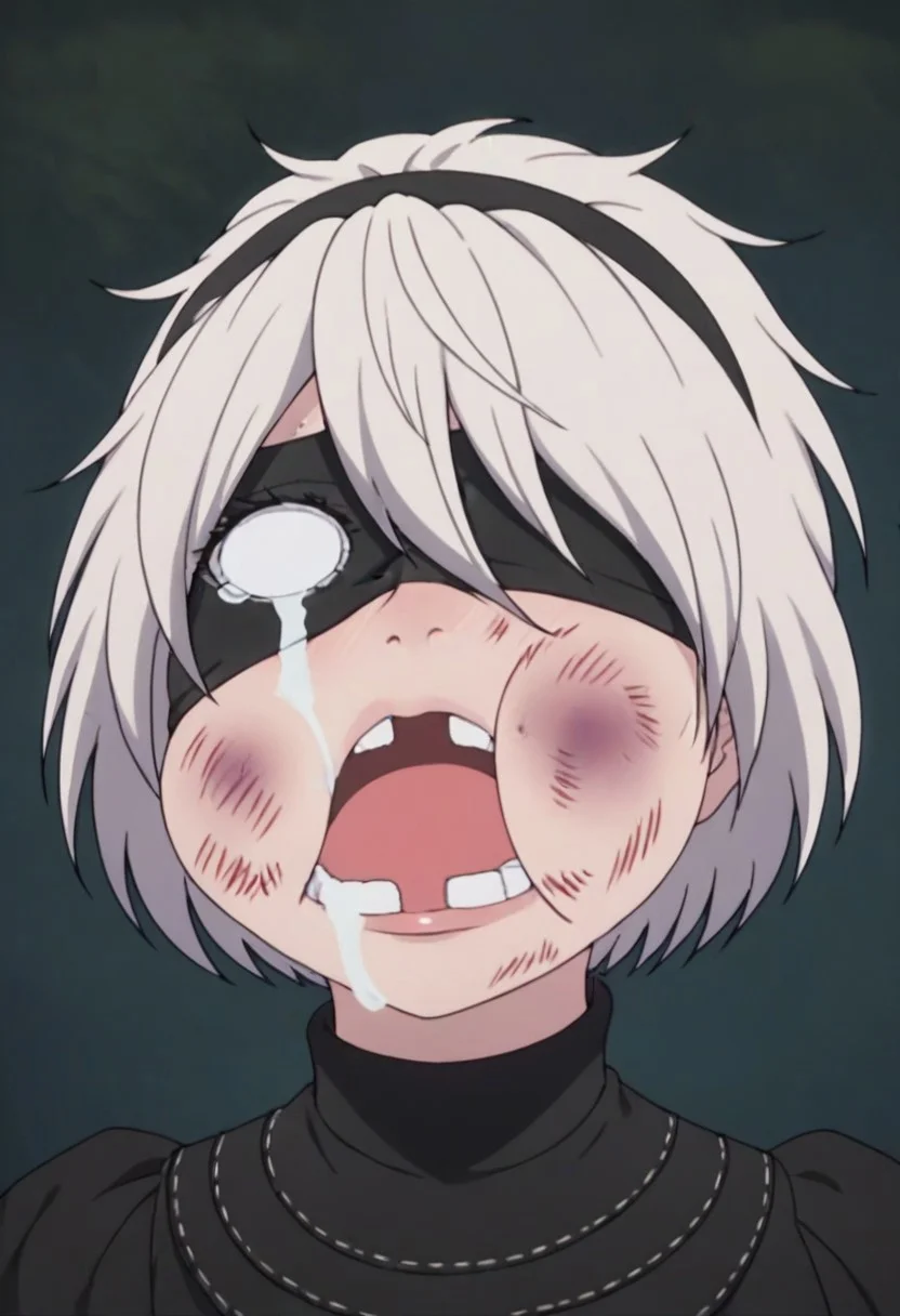 score_9, score_8_up, score_7_up, score_6_up, score_5_up, score_4_up, yorha 2B, blindfold, <lora:beat_up_face:0.8>, 1girl, solo, alone, blank eyes, tears, circular eyes,  bruise, swollen cheeks, open mouth, missing tooth, masterpiece, highres