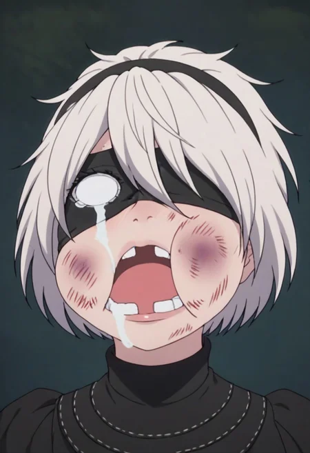 score_9, score_8_up, score_7_up, score_6_up, score_5_up, score_4_up, yorha 2B, blindfold, <lora:beat_up_face:0.8>, 1girl, solo, alone, blank eyes, tears, circular eyes,  bruise, swollen cheeks, open mouth, missing tooth, masterpiece, highres