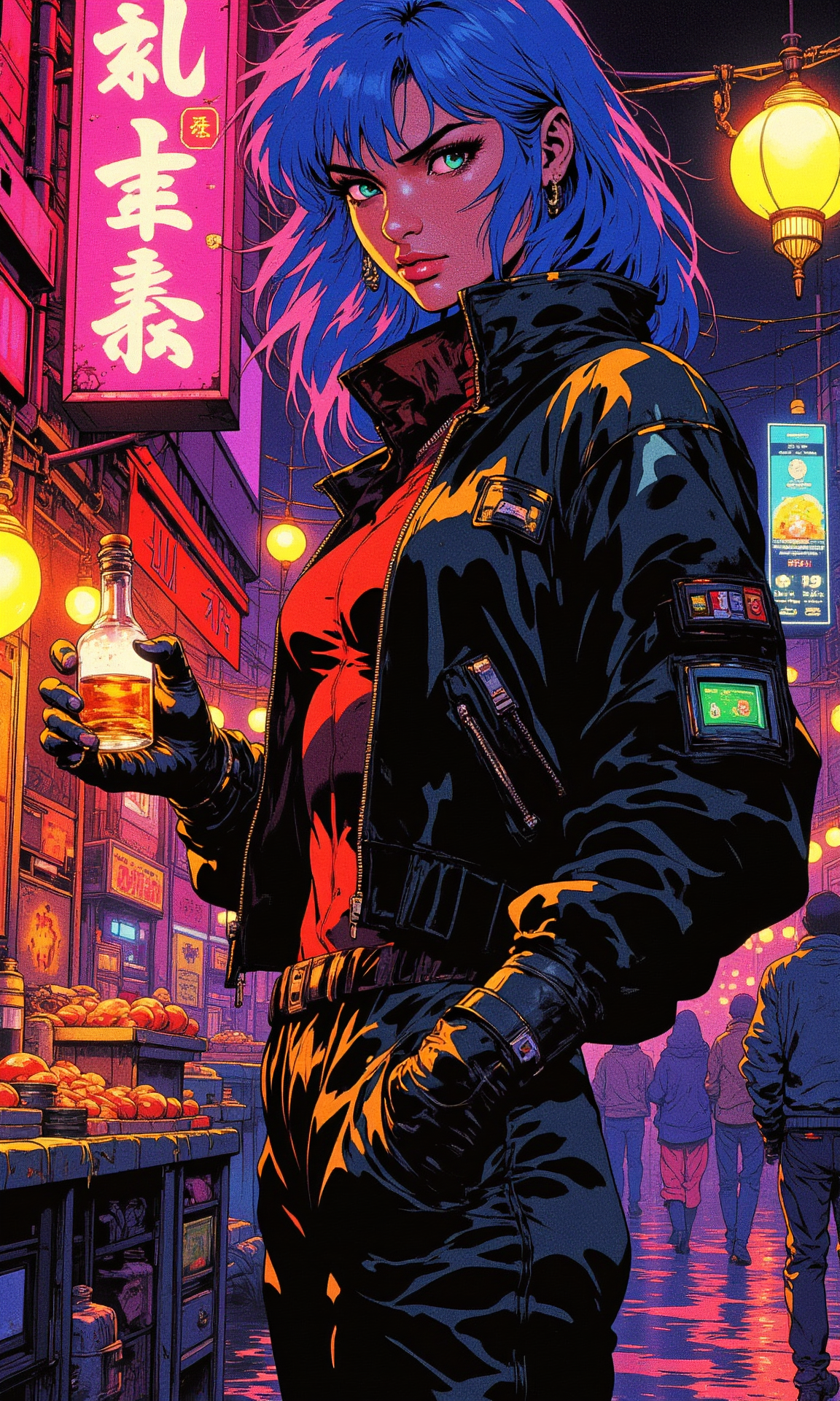 **An 80's anime-style (close-up:1.15) portrait of a well-built caucassian woman** with shoulder-length, tousled cobalt blue hair that glimmers under the light. She is standing in the middle of a bustling neon-lit marketplace at night, surrounded by colorful stalls selling exotic wares and glowing lanterns that hang overhead. She is dressed in a fitted black leather jacket with a high collar, paired with a crimson bodysuit and knee-high black boots. A single fingerless glove on her right hand adds a rebellious touch.
The primary light source comes from a vivid neon sign in vibrant pinks and purples behind her, casting striking highlights on her hair and jacket. A secondary, softer yellow light glows from a nearby lantern, illuminating the sharp contours of her face and adding depth to the scene.
Her pose is confident and relaxed, with one hand resting on her hip while the other holds a small glass bottle with a glowing liquid. Her emerald green eyes lock onto the viewer, her expression sly and full of intrigue. The blurred movement of bustling shoppers and the vibrant mix of neon hues create an electrifying and dynamic backdrop, perfectly complementing her bold and enigmatic presence.
BREAK anime, OBdonman, CAICO