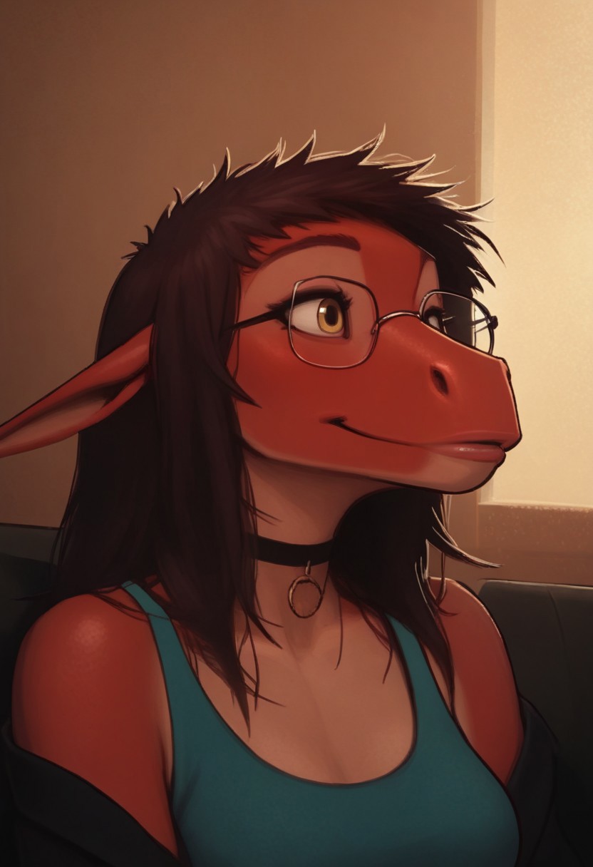 score_9, score_8_up, score_7_up, score_6_up, DarkFantasy, close up portrait, illustration, girlfriend, 1girl, Red \(glopossum\), reptile, red skin, beautiful girl, kawaii girl, perfect cute face, brown hair, stomach, glasses, tank top, yellow eyes, eyeliner, medium breasts, jeans, thick