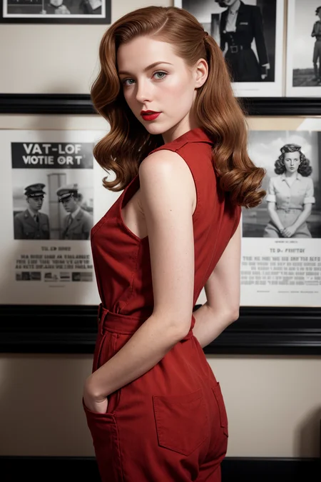 1940s \(style\) photo of fit, thin 21 year old jp-Kraasni-50 ,Rosie the Riveter look, bold red lips, Utility jumpsuit, rolled up sleeves, Factory setting, wartime posters, Contax II, 50mm f/1.5, 1/60s, ISO 125, Ilford FP4