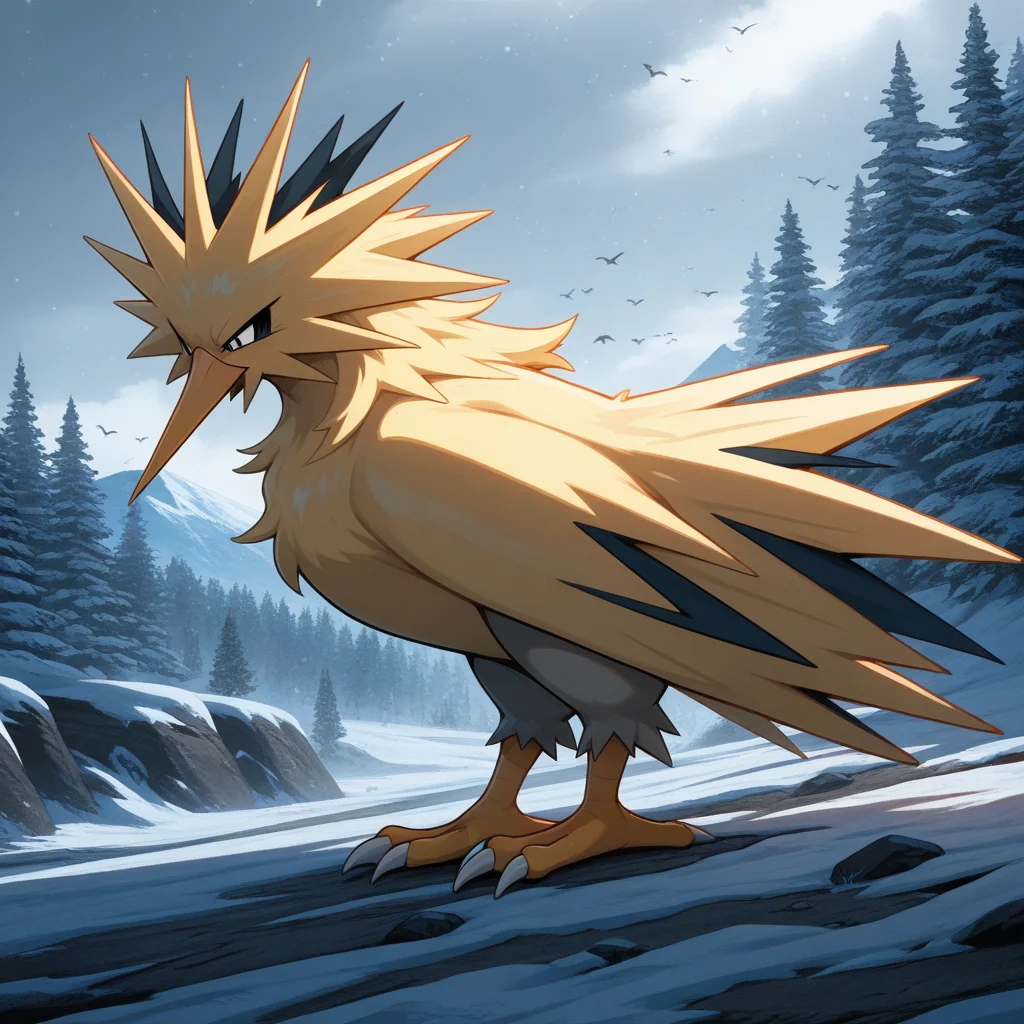 vibrant, detailed, detailed background, amazing_quality, <lora:zapdos-illus-13:1> pzapb, pokemon_(creature), bird, 1other